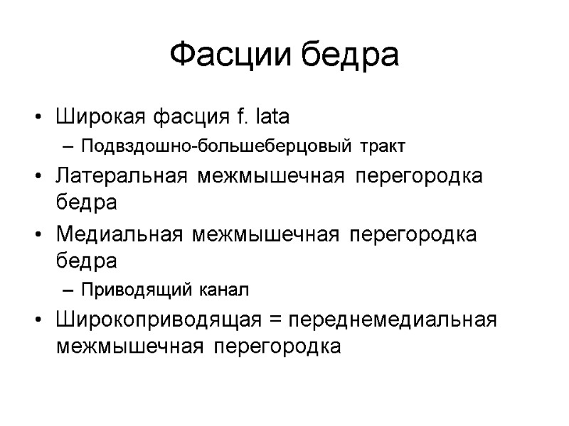 Фасции бедра Широкая фасция f. lata Подвздошно-большеберцовый тракт Латеральная межмышечная перегородка бедра Медиальная межмышечная